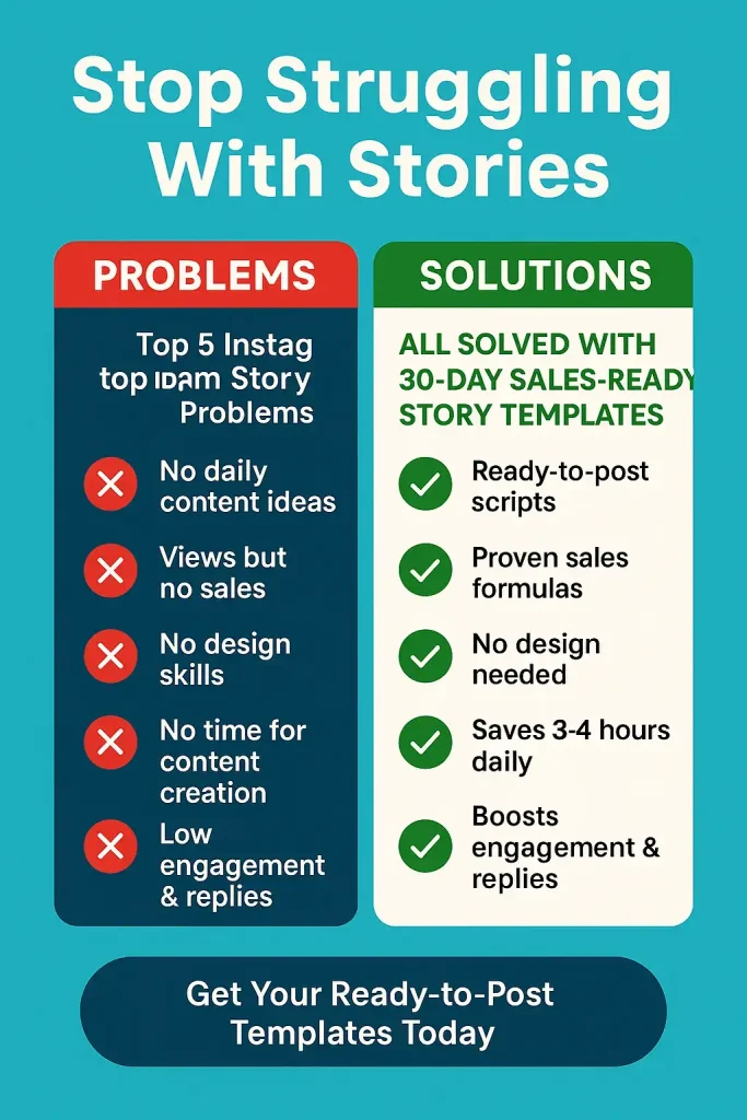 Top 5 Instagram Story Problems ❌ No daily content ideas ❌ Views but no sales ❌ No design skills ❌ No time for content creation ❌ Low engagement & replies 🟢 All Solved With 30-Day Sales-Ready Story Templates ✔️ Ready-to-post scripts ✔️ Proven sales formulas ✔️ No design needed ✔️ Saves 3-4 hours daily ✔️ Boosts engagement & sales